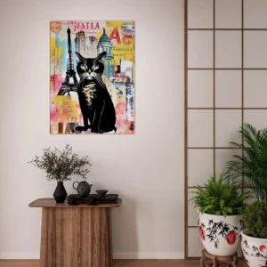 elégance parisienne chat sur fond de collage urbain