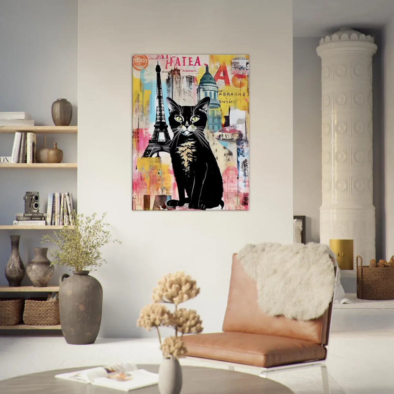 elégance parisienne chat sur fond de collage urbain