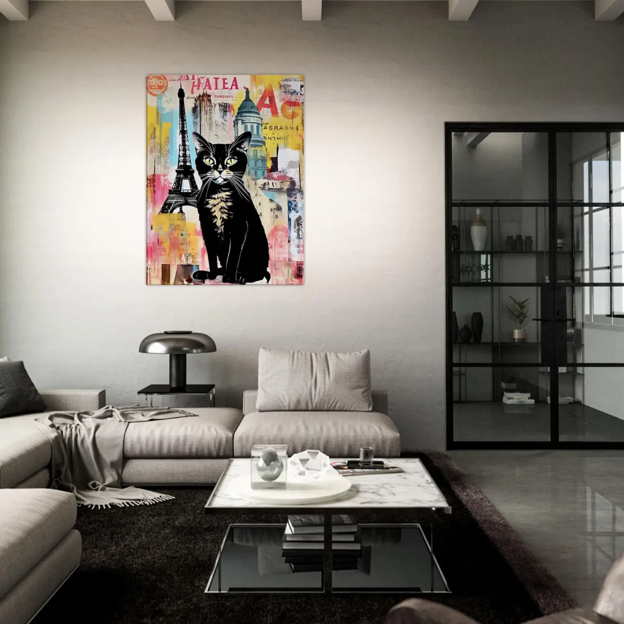 elégance parisienne chat sur fond de collage urbain