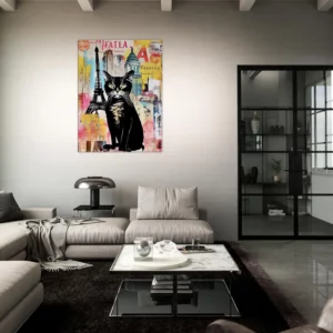 elégance parisienne chat sur fond de collage urbain