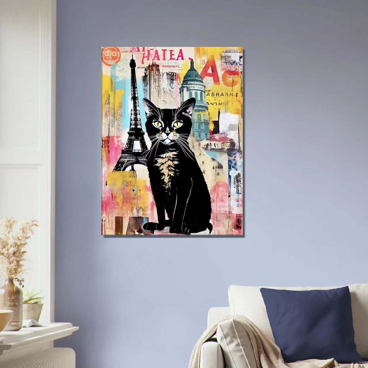 elégance parisienne chat sur fond de collage urbain