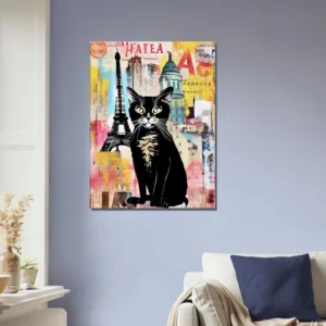 elégance parisienne chat sur fond de collage urbain