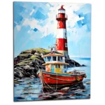 phare coloré et bateau de pêche au port