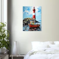 phare coloré et bateau de pêche au port