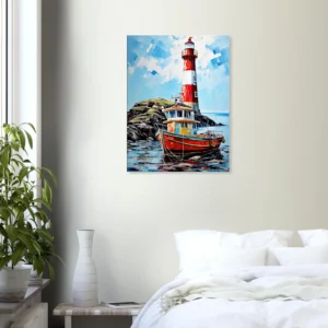 phare coloré et bateau de pêche au port