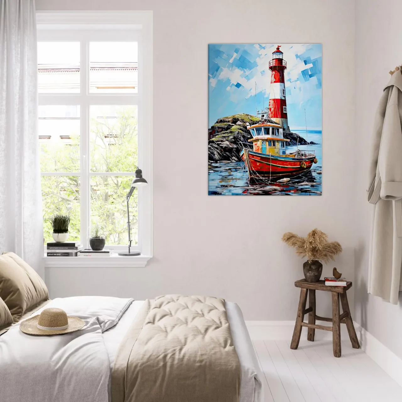 phare coloré et bateau de pêche au port