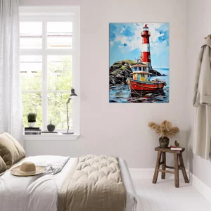 phare coloré et bateau de pêche au port