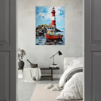 phare coloré et bateau de pêche au port