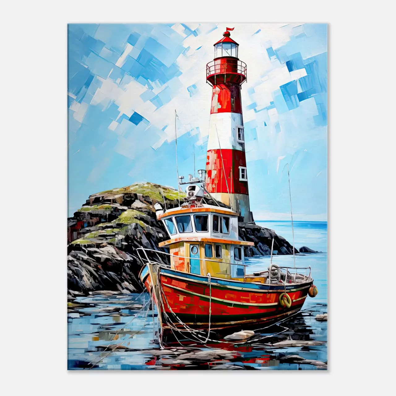 phare coloré et bateau de pêche au port