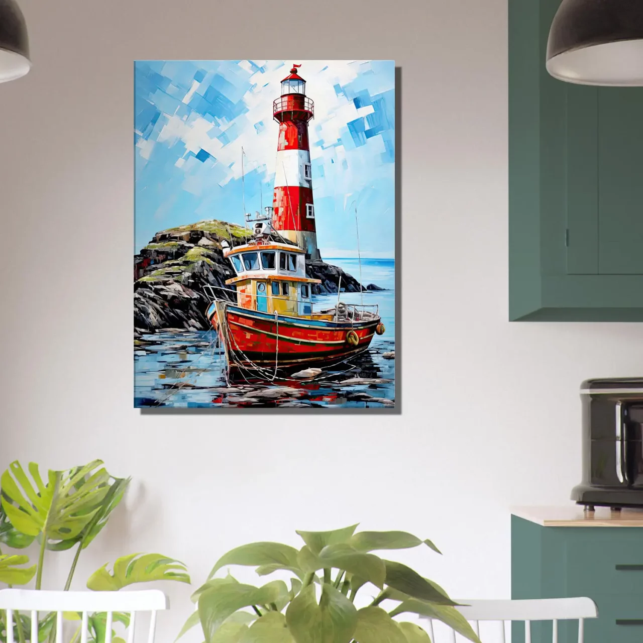 phare coloré et bateau de pêche au port