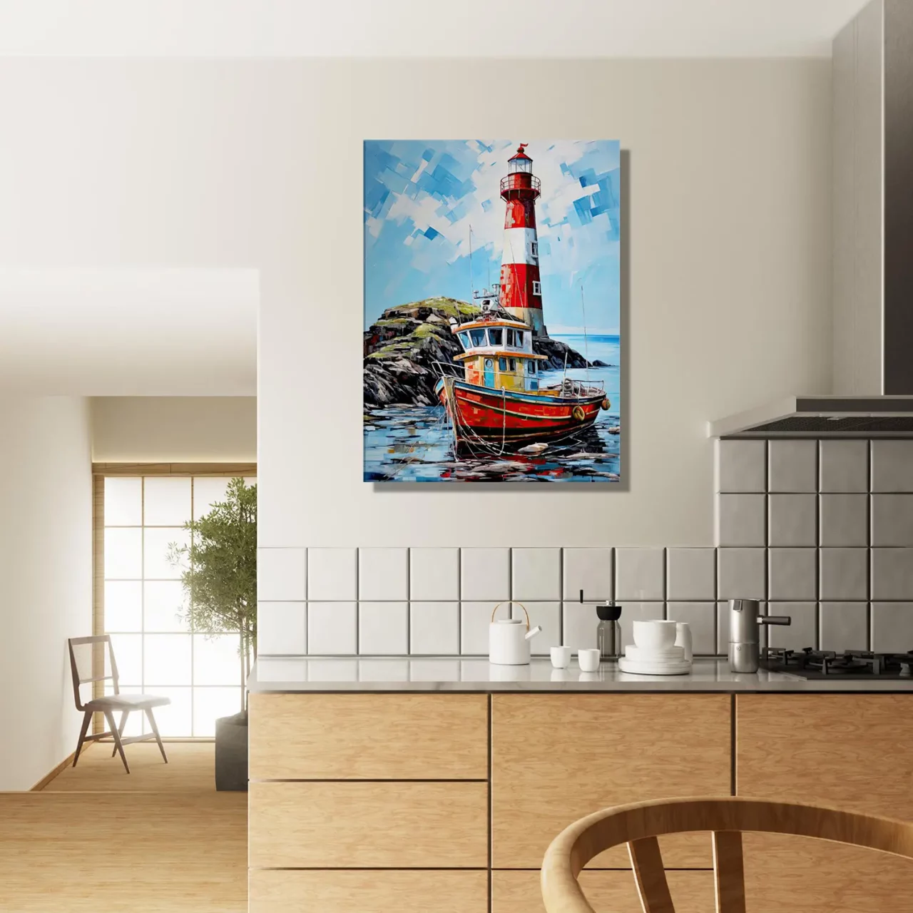 phare coloré et bateau de pêche au port