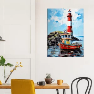 phare coloré et bateau de pêche au port