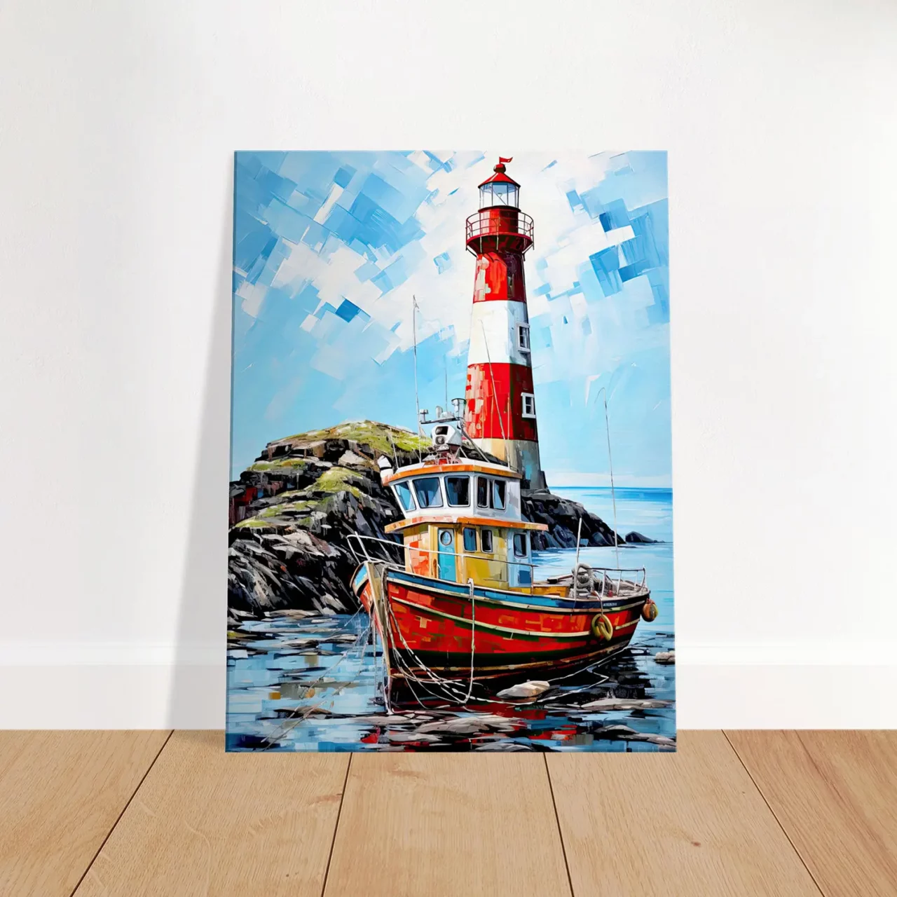 phare coloré et bateau de pêche au port