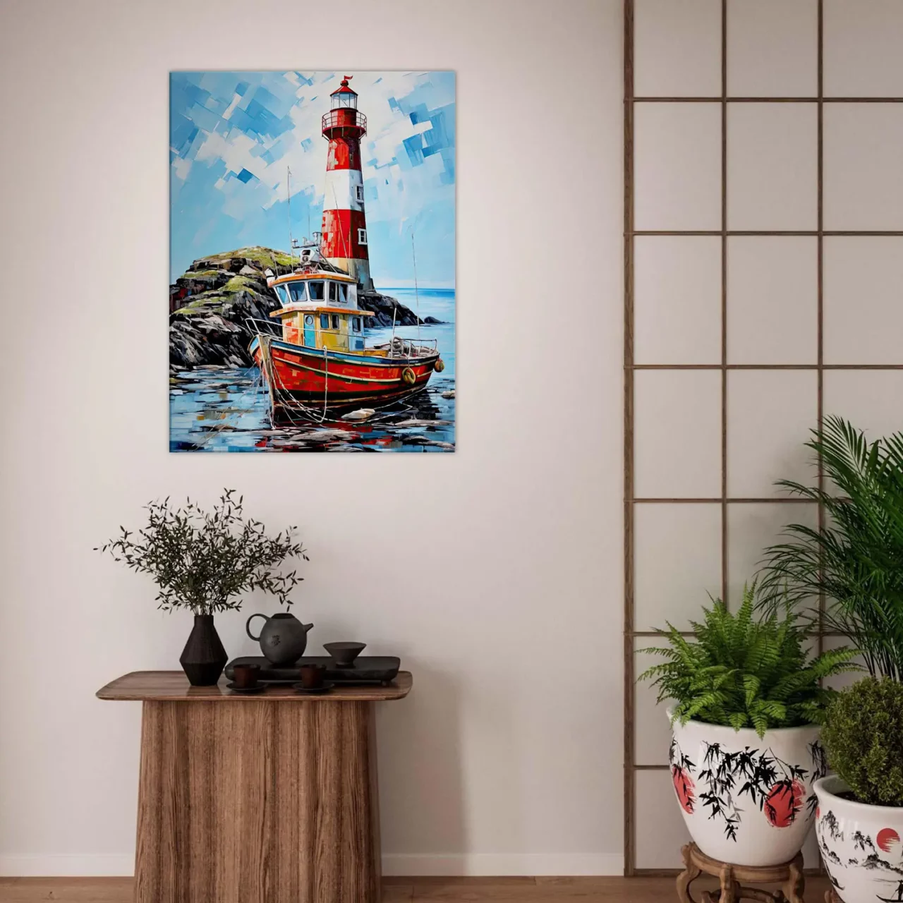 phare coloré et bateau de pêche au port