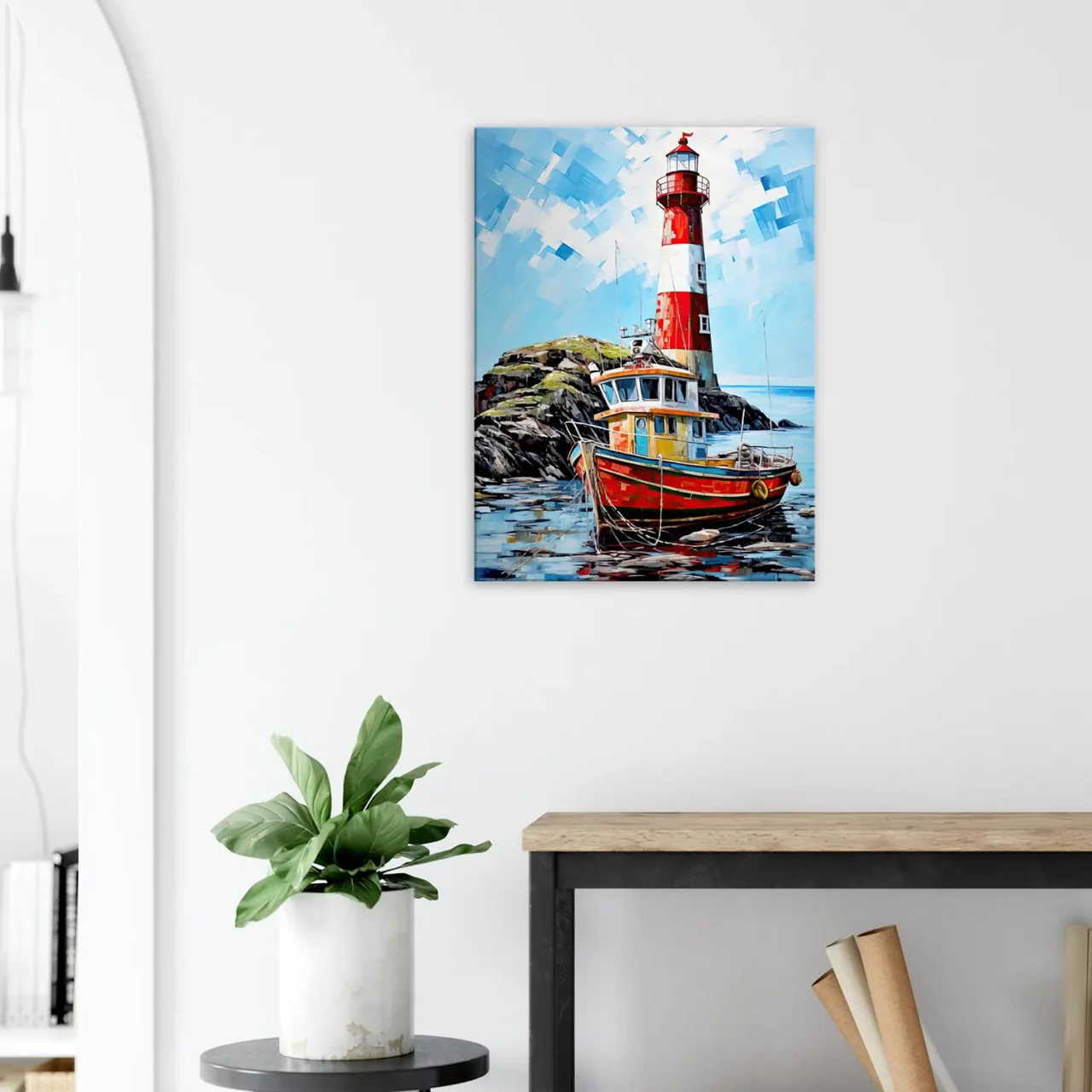 phare coloré et bateau de pêche au port