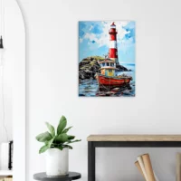 phare coloré et bateau de pêche au port