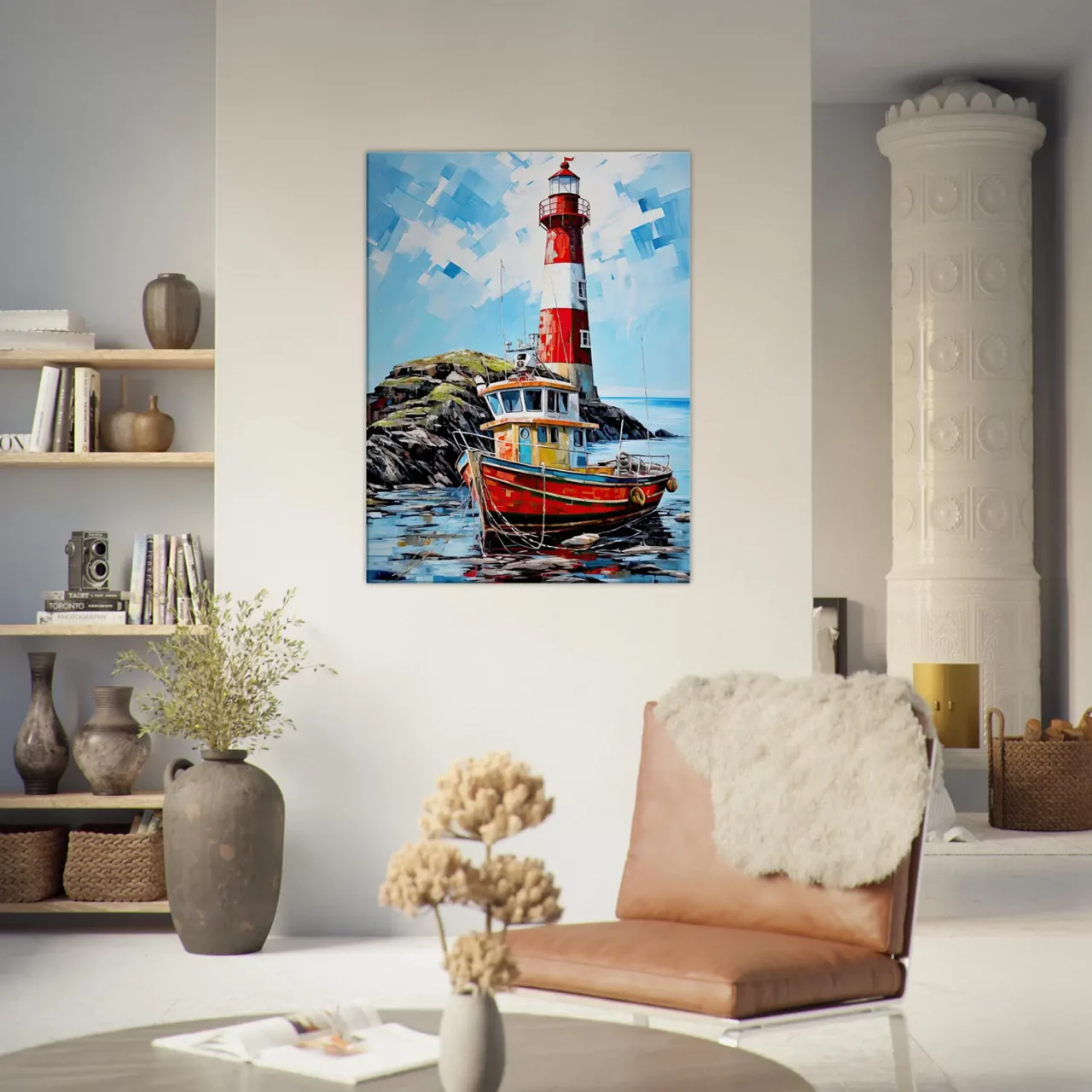 phare coloré et bateau de pêche au port