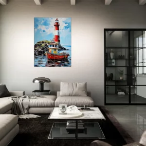 phare coloré et bateau de pêche au port