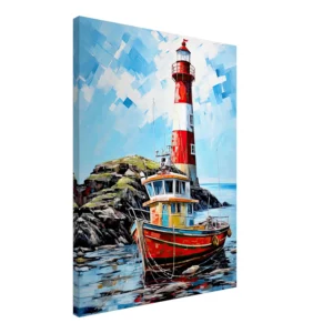 phare coloré et bateau de pêche au port