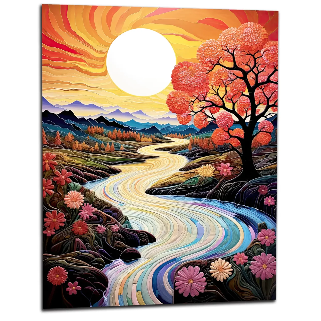 vallée fleurie surréaliste au coucher de soleil