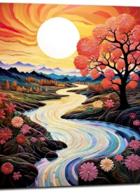 vallée fleurie surréaliste au coucher de soleil