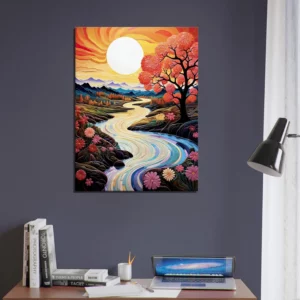 vallée fleurie surréaliste au coucher de soleil