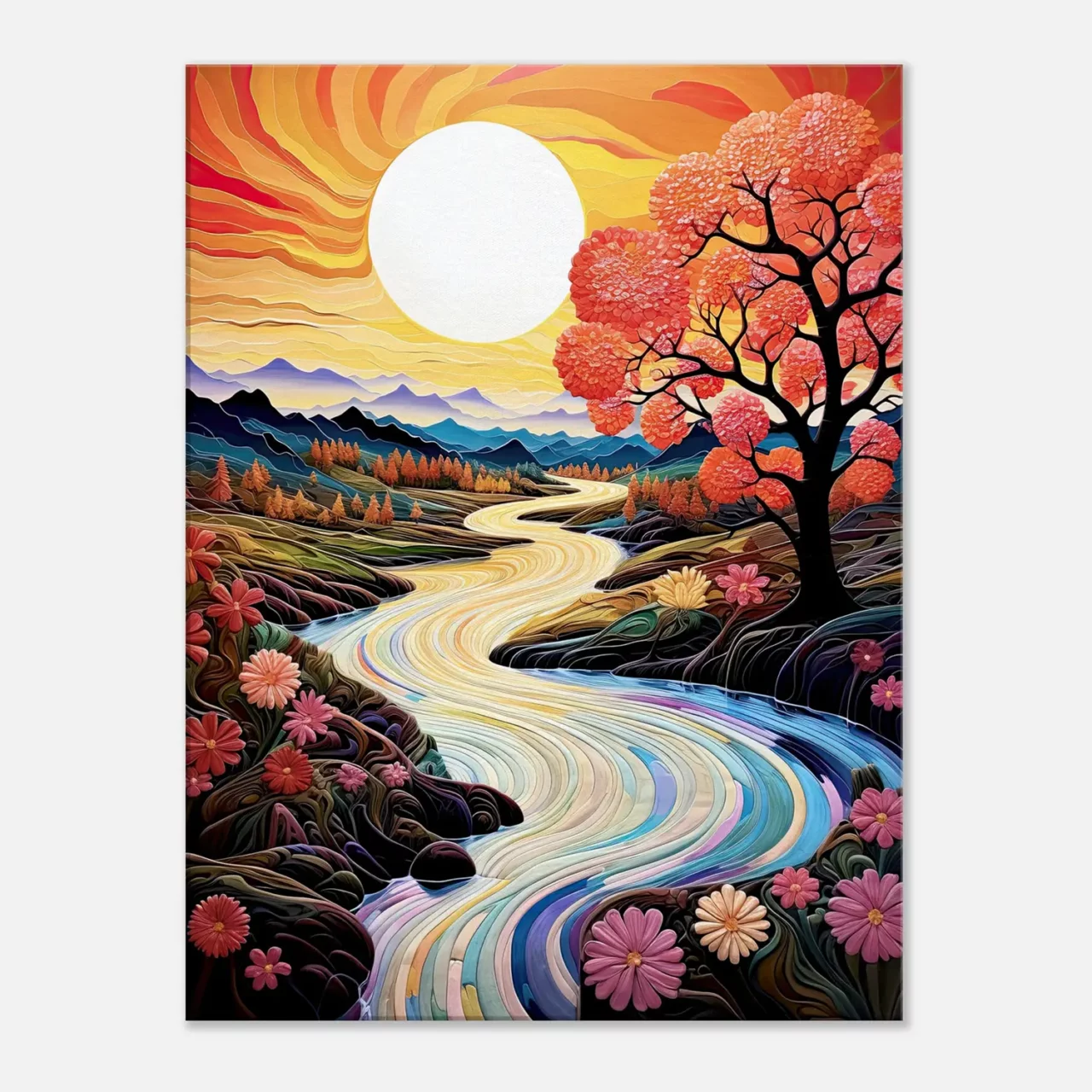 vallée fleurie surréaliste au coucher de soleil