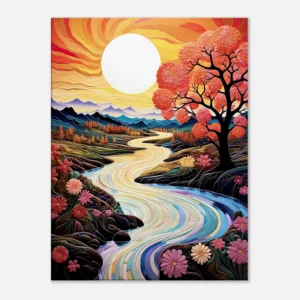 vallée fleurie surréaliste au coucher de soleil