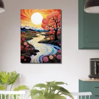 vallée fleurie surréaliste au coucher de soleil