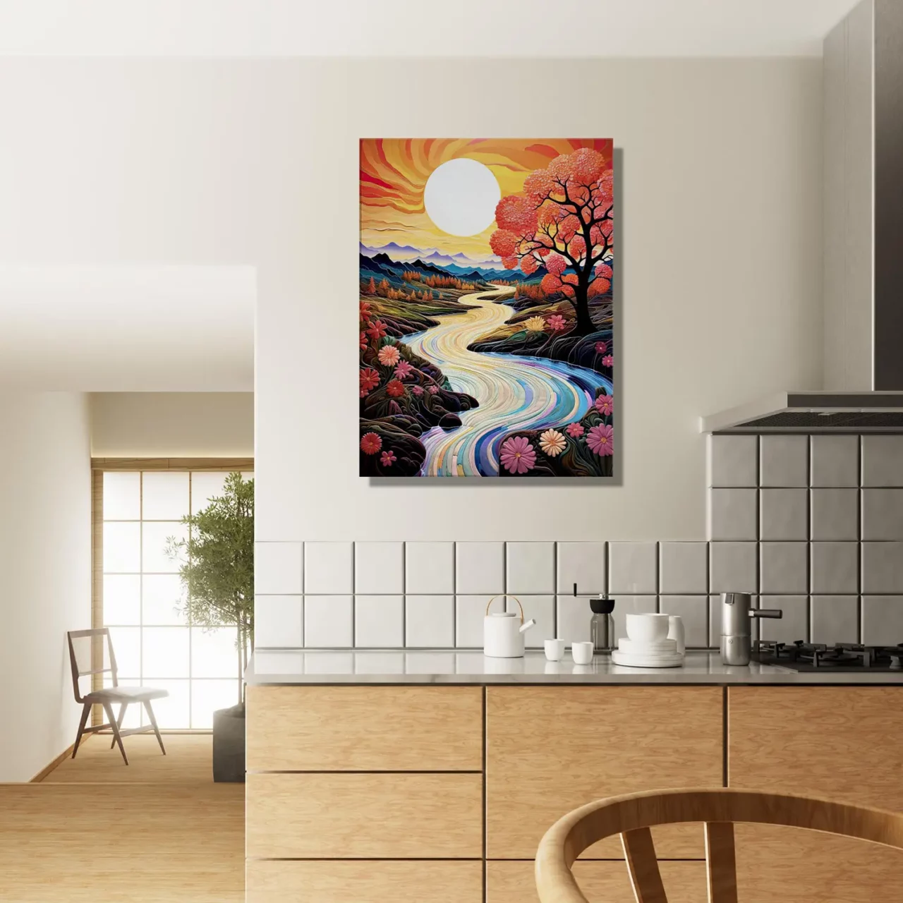 vallée fleurie surréaliste au coucher de soleil