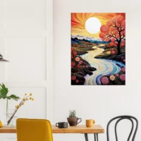 vallée fleurie surréaliste au coucher de soleil