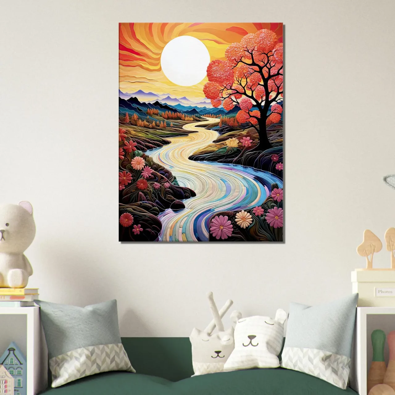 vallée fleurie surréaliste au coucher de soleil