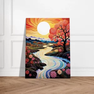 vallée fleurie surréaliste au coucher de soleil