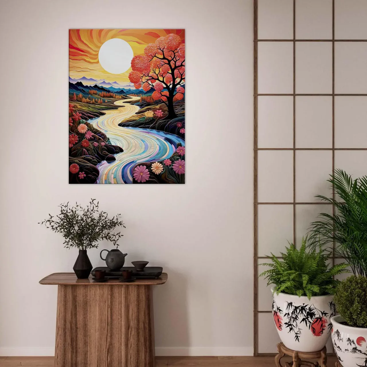 vallée fleurie surréaliste au coucher de soleil