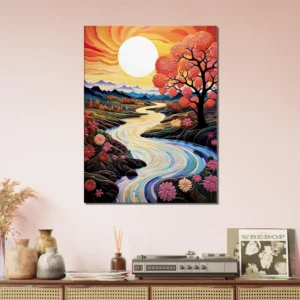 vallée fleurie surréaliste au coucher de soleil