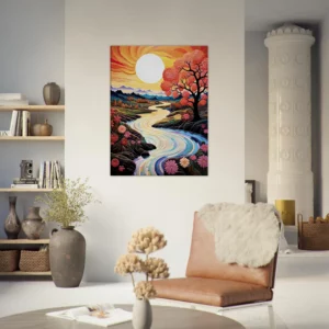 vallée fleurie surréaliste au coucher de soleil