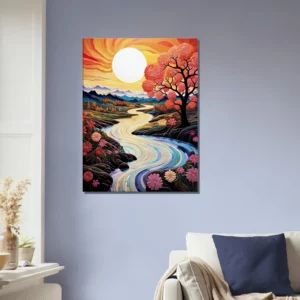 vallée fleurie surréaliste au coucher de soleil