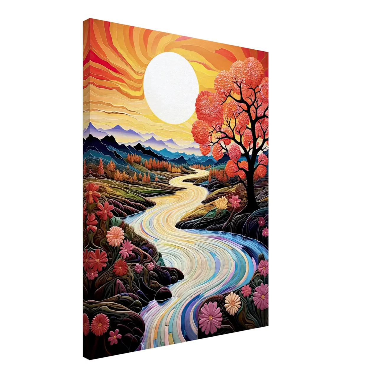 vallée fleurie surréaliste au coucher de soleil