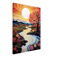 vallée fleurie surréaliste au coucher de soleil