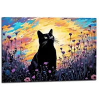 Tableau Klimt, chat noir et jardin de fleurs tableau klimt, chat noir et jardin de fleurs