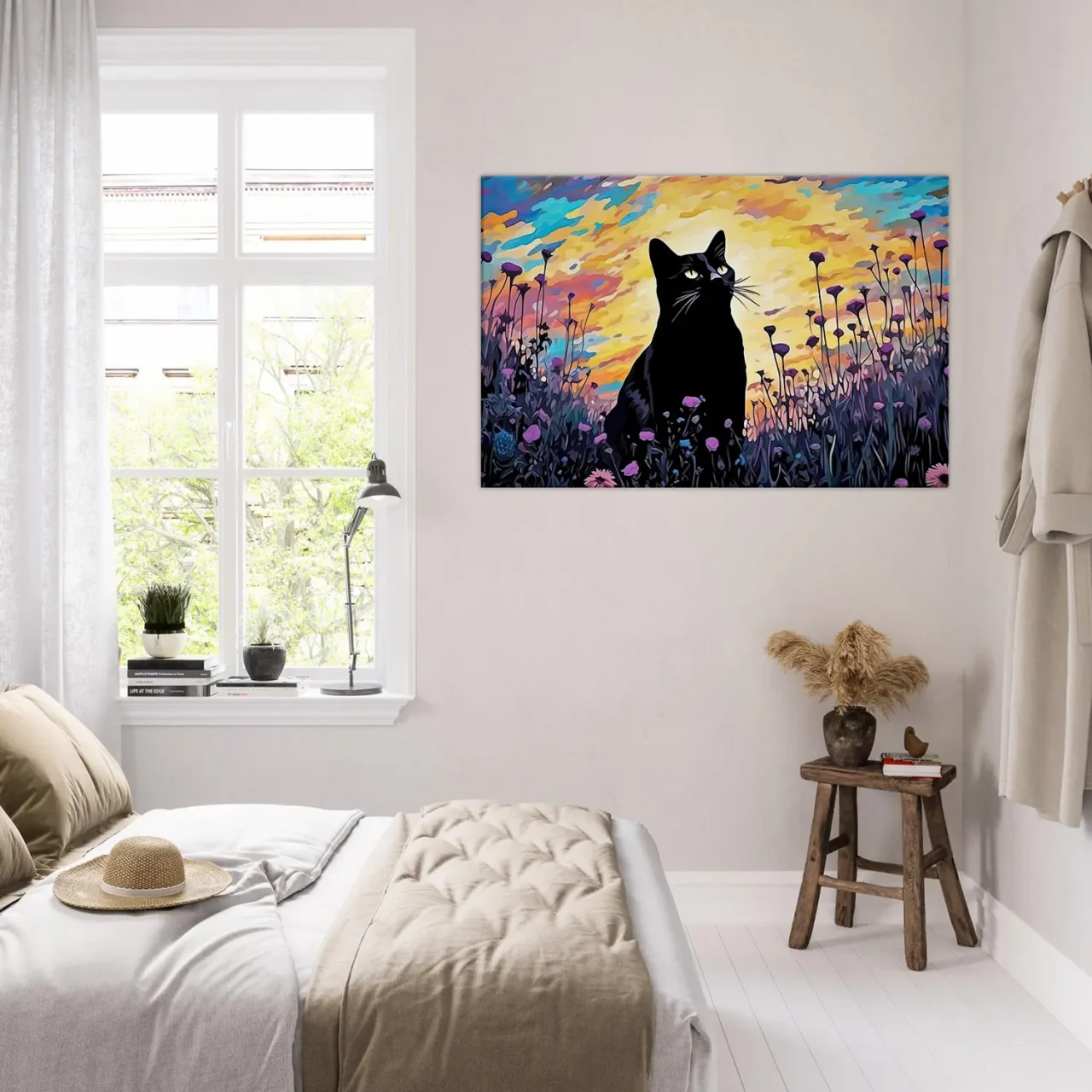 tableau klimt, chat noir et jardin de fleurs