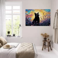 tableau klimt, chat noir et jardin de fleurs