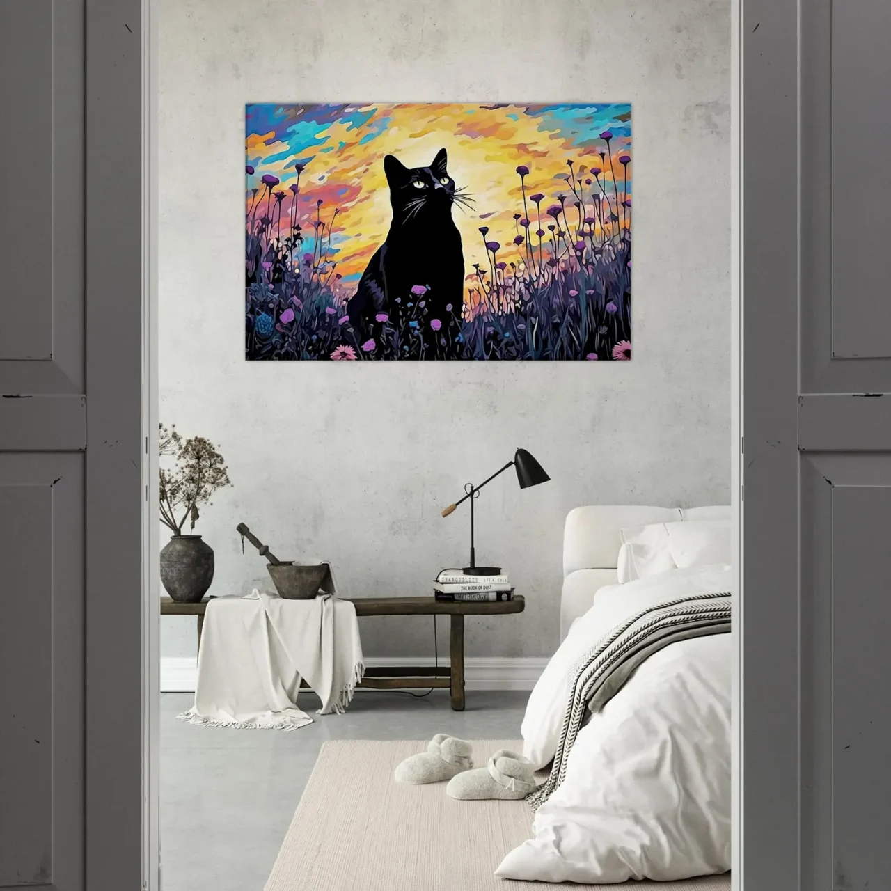 tableau klimt, chat noir et jardin de fleurs