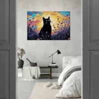 tableau klimt, chat noir et jardin de fleurs