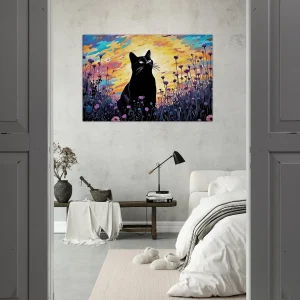 tableau klimt, chat noir et jardin de fleurs