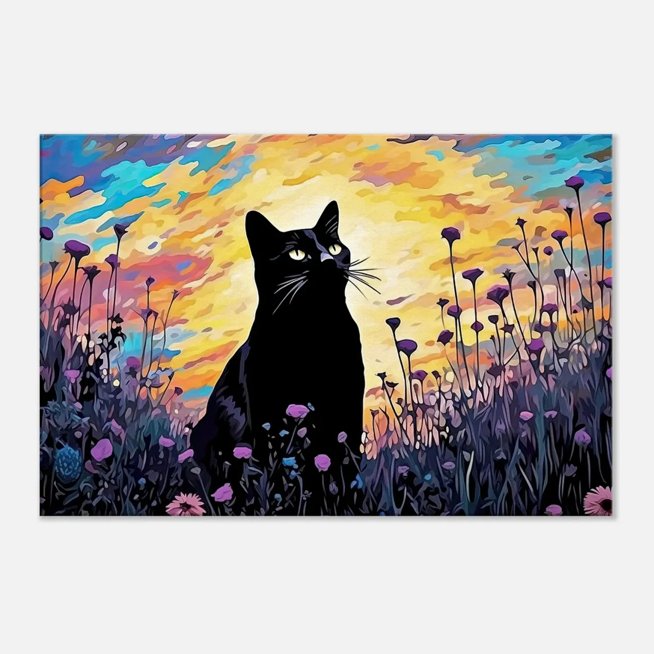 tableau klimt, chat noir et jardin de fleurs