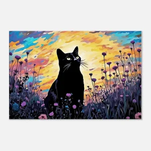 tableau klimt, chat noir et jardin de fleurs