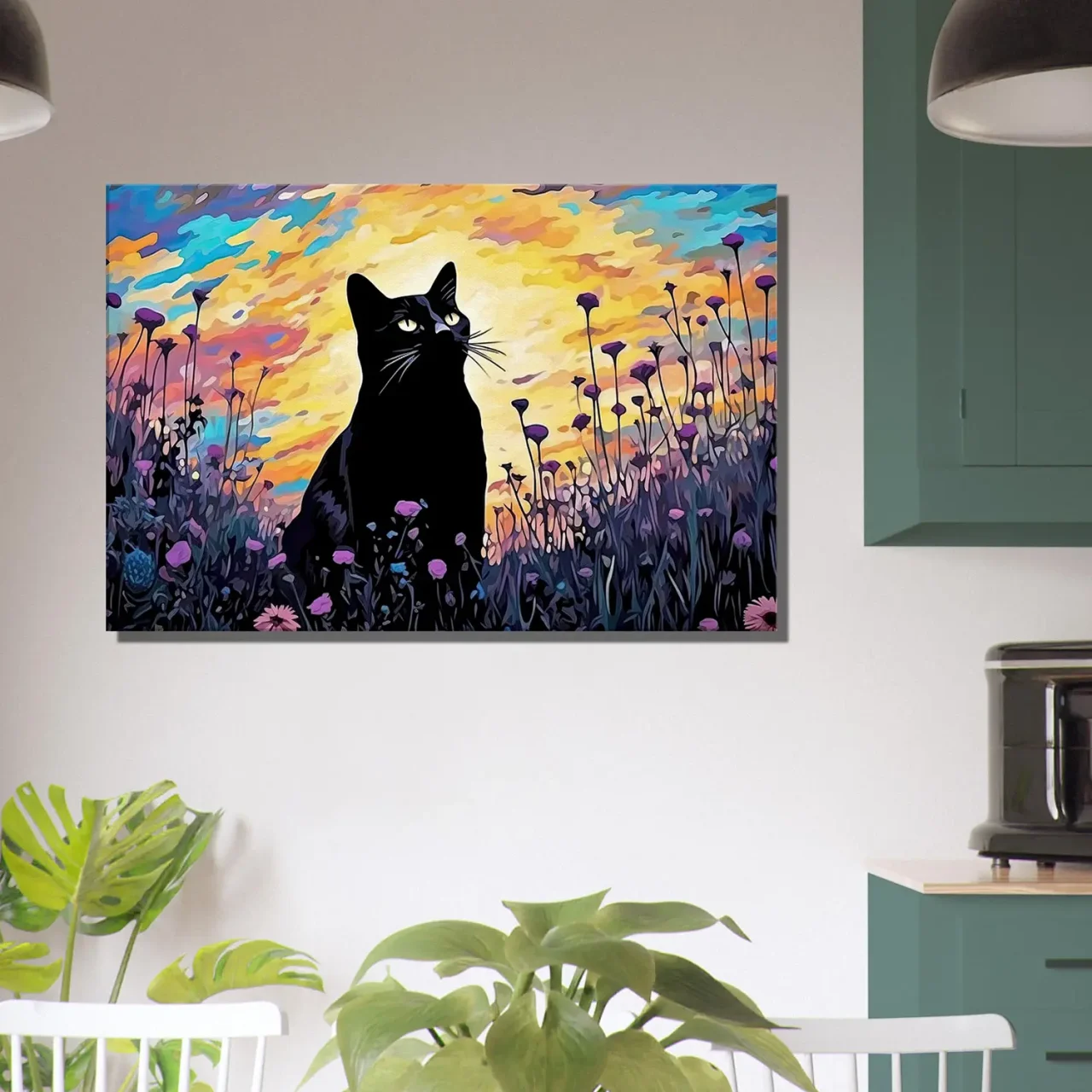 tableau klimt, chat noir et jardin de fleurs