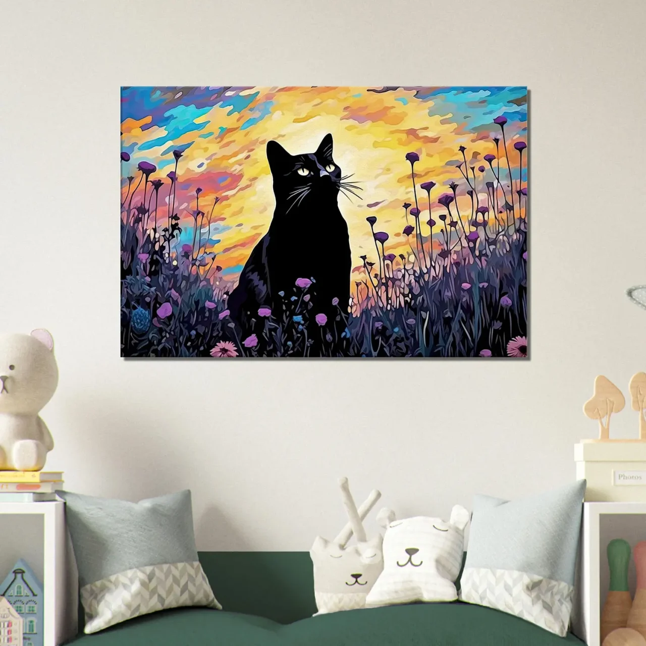 tableau klimt, chat noir et jardin de fleurs