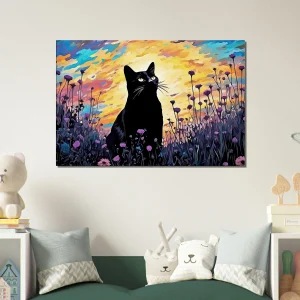 tableau klimt, chat noir et jardin de fleurs